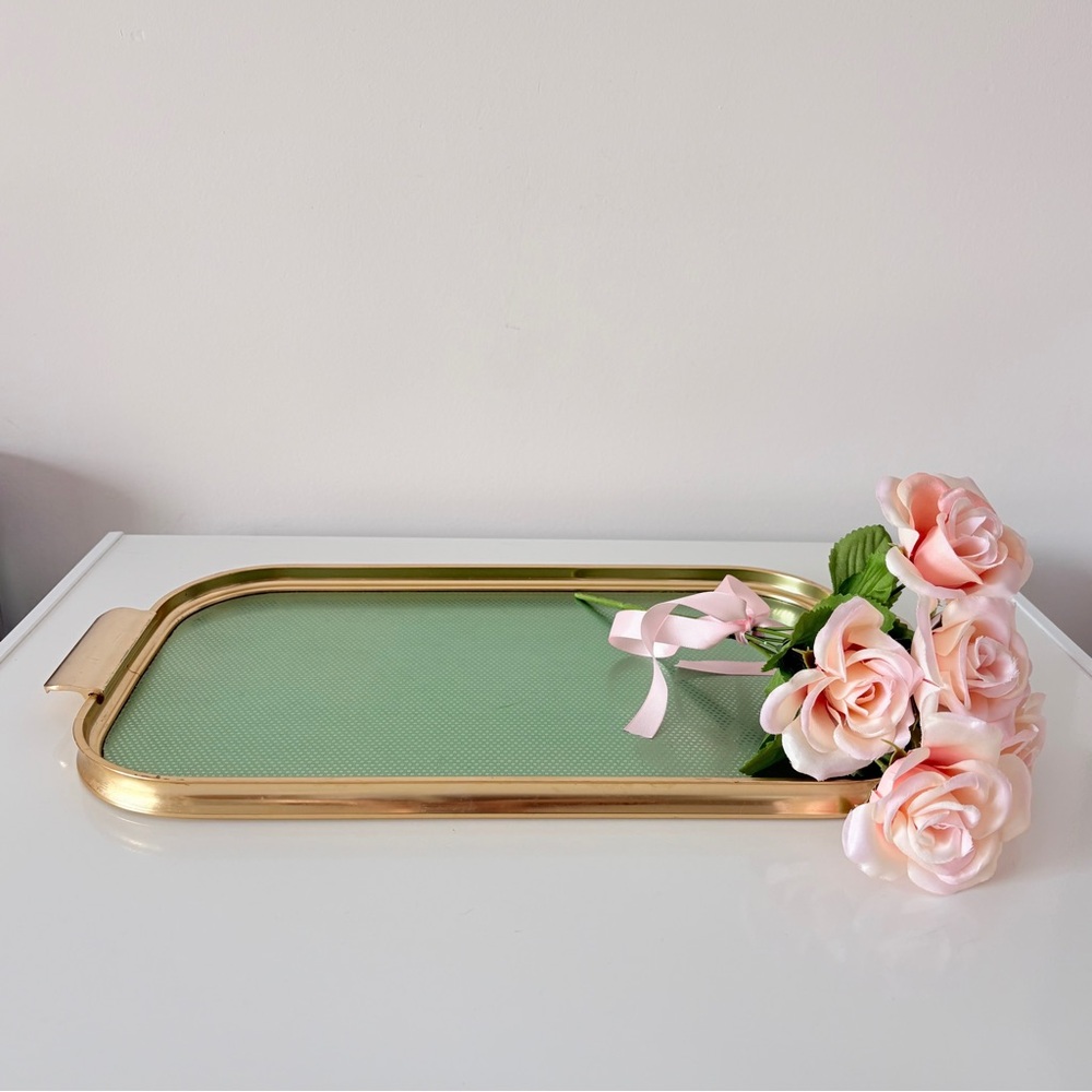 Vintage CareFree Manchester Tray Made in England Gold & Mint Green Bar Cart Tea